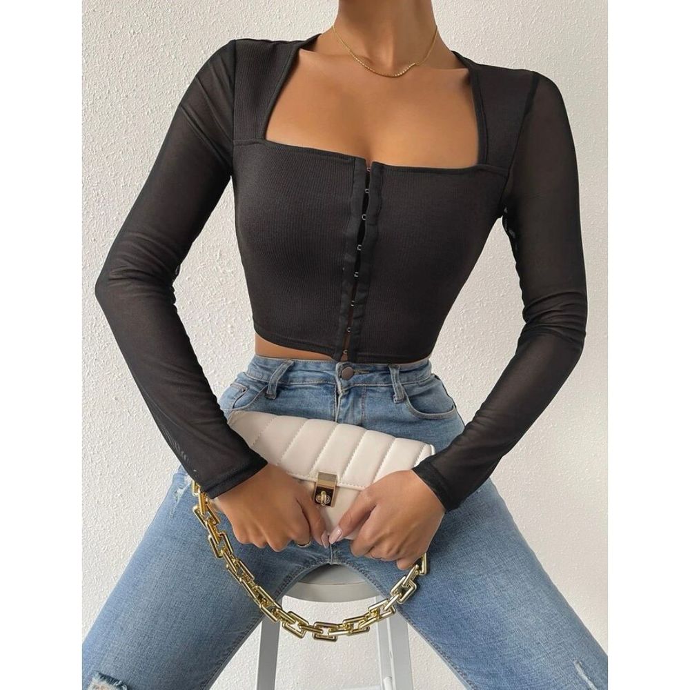 Sheer Long Sleeve Corset Crop Top Square Neck Black Large